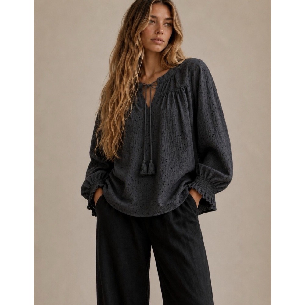 Natural Life XL Eyelet Blouse Gray Long Sleeve Peasant Boho Tassel Minimalist